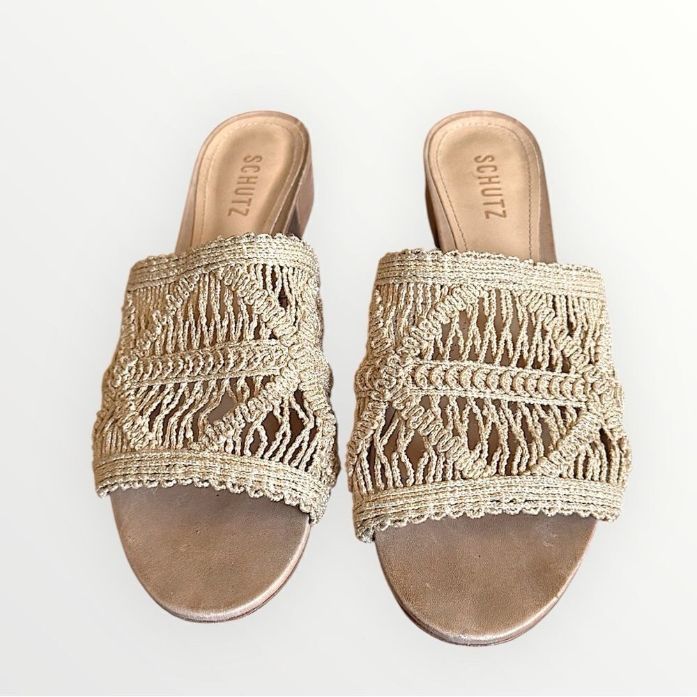 Schutz Nahara Cru Woven Slides Sandals Beige Woven Crochet Anthropologie Sz 10 - Picture 9 of 12